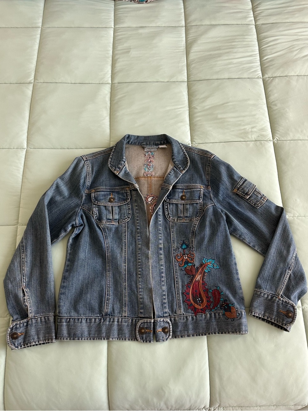Y2K Chico’s Embroidered Denim Open Front Jacket